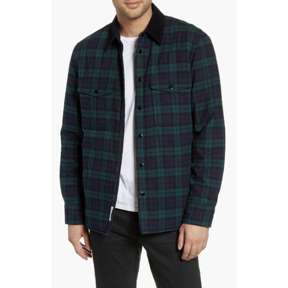 Rag & Bone Buffalo Check Shirt Jacket Mens XXL Black Blue Plaid Corduroy Collar